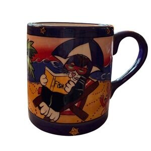 Vtg Catzilla Candace Reiter Designs Beach Cat Coffee Mug 2003 Ceramic Fish Book